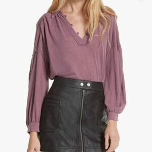 Free People Rush Hour Mulberry Linen Blend Spread Collar Button Henley Tee Small